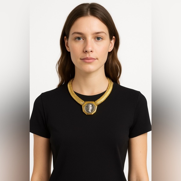 Vintage Kenneth Lane Gold Omega Link Chain Silver Coin Collar Choker Necklace - Picture 1 of 11